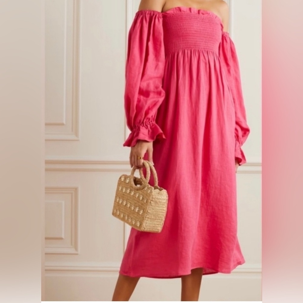 NWOT Sleeper Atlanta Smocked Linen Midi Dress Hot Pink Sz S